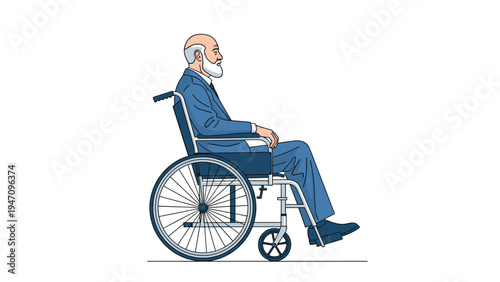 Profile view of an elderly man with a white beard sitting calmly in a wheelchair against a plain white background.