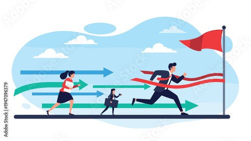 Group of business people racing towards a finish line with a red flag on a cloudy sky background representing goal achievement.