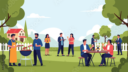 Group of diverse people enjoying a backyard barbecue party with food and drinks in a lush and green garden setting.