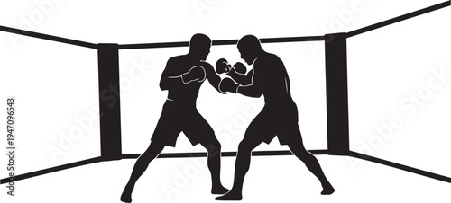 Dynamic Black Silhouette Vector Illustration of Two Boxers Fighting in a Boxing Ring, Ideal for Sports Websites, Marketing, and Event Promotions