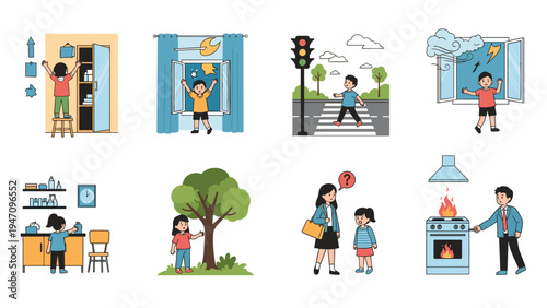 Educational illustration showing children in various safety situations like crossing the road or cooking in the kitchen.
