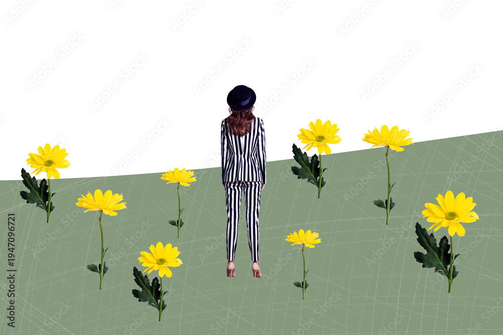Obraz premium Creative sketch collage of anonym girl stand back chrysanthemum flower bloom field park walk spring weather weekend holiday
