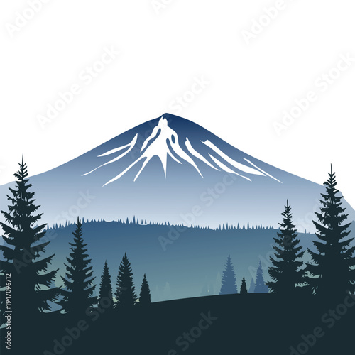 Stylized mountain landscape with evergreen trees and vibrant color gradients