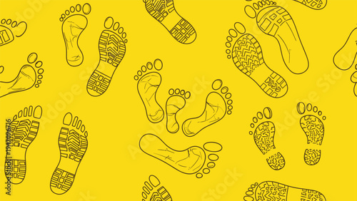 Seamless pattern of various human footprints and shoe sole prints in black outline on a bright yellow background.