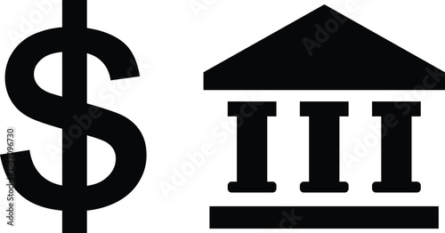 Black dollar sign and bank building white