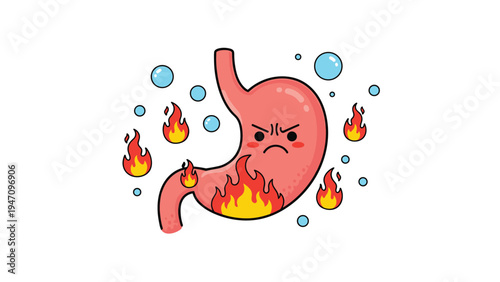 Cute cartoon character of a human stomach with an angry expression and flames representing heartburn and indigestion issues.