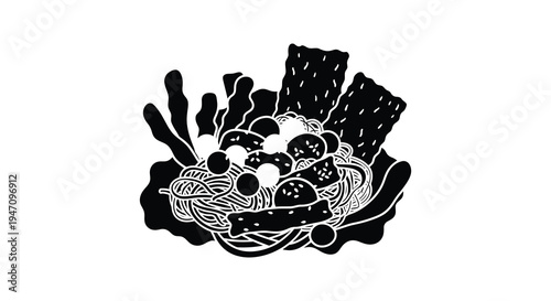 A stylized illustration depicts a bowl of noodles with various toppings rendered as a striking silhouette high quality