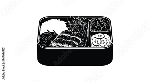 A detailed black and white illustration of a bento box filled with various food items silhouette high quality