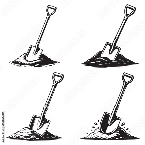 Four vintage shovels planted in piles of dirt a striking black and white silhouette