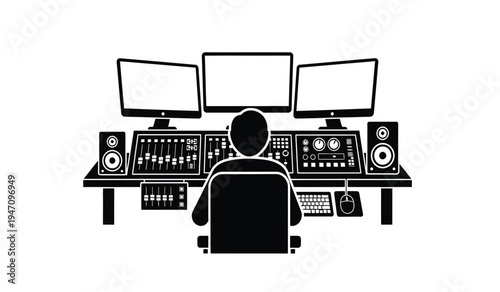A professional audio engineer sitting at a complex mixing console workstation with three monitors
