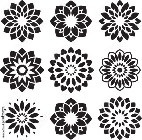set of grey floral mandala designs on white background