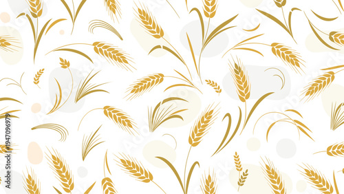 Beautiful seamless background pattern featuring stylized golden wheat stalks and abstract dots in soft natural tones on white.