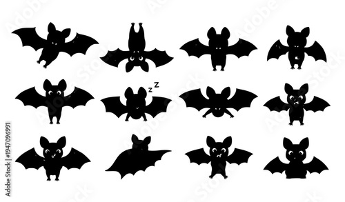 Cute cartoon bat sticker set Halloween flying hanging and sleeping bat characters flat vector isolated on white