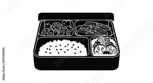 A detailed black and white illustration of a japanese bento box filled with various foods silhouette high quality