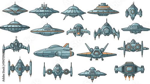 Large collection of futuristic sci-fi spaceship and UFO designs in various shapes and sizes for space exploration concepts.