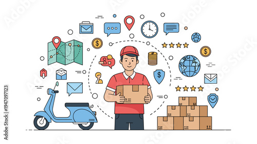 Friendly delivery man holding a cardboard box surrounded by various logistics and shipping icons and a blue scooter.