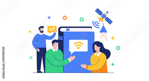 Digital Knowledge Access and E-Learning Concept. People studying online around a giant book, supported by satellite and wireless technology.