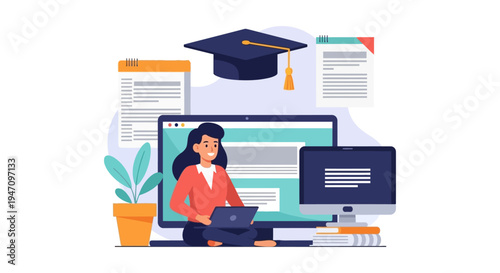 Online Education and E-Learning Concept. Female Student Studying for Graduation on Laptop via Virtual University Course.