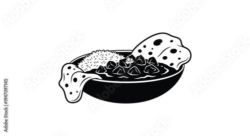 A detailed black and white illustration of a noodle bowl with toppings presented as a silhouette high quality