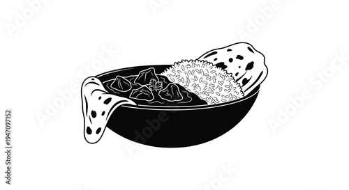 A black and white illustration depicts a bowl of rice and curry with a draped cloth silhouette high quality professional