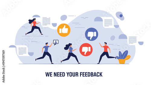 Business illustration showing people running with documents and various feedback icons like thumbs up and thumbs down symbols.