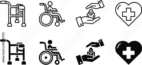 Medical and healthcare icons featuring various symbols and logos