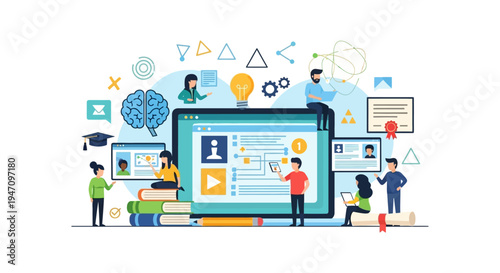 Online Learning Platform and Digital Education Concept. Students accessing E-Courses, Knowledge Sharing, Teamwork, and Certification.