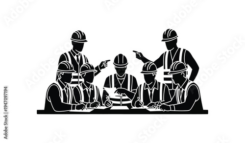 A group of construction workers wearing hard hats collaborating on a project plan at a large table