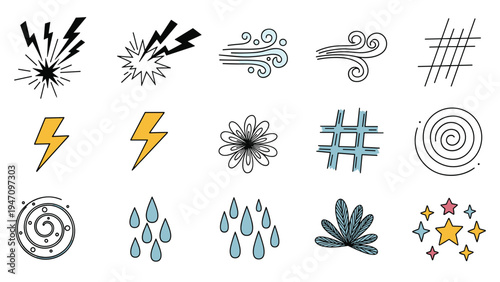 Hand drawn collection of weather and nature icons including lightning bolts wind gusts flowers water drops and shining stars.