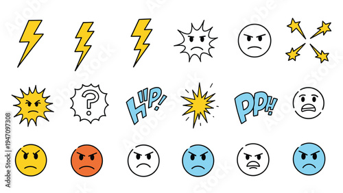 Set of expressive icons featuring lightning bolts angry faces and comic book style speech bursts in bright primary colors.