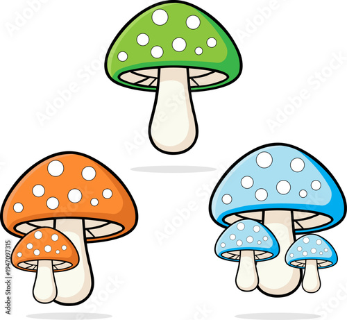 Colorful mushroom icons vector illustration, cartoon fungus symbol collection
