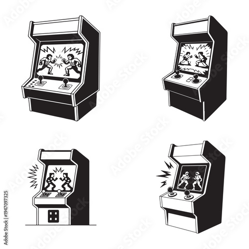 Four black and white illustrations depicting classic arcade game machines in a bold silhouette
