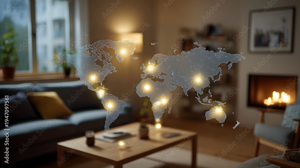 Fototapeta premium Holographic world map with glowing connections superimposed over a cozy living room interior