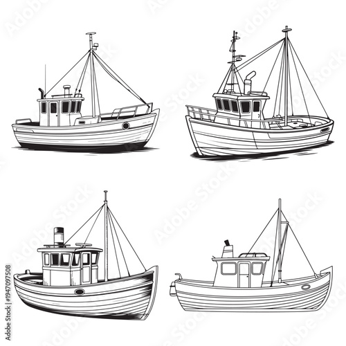 Detailed drawings depict four vintage fishing boats with a striking black silhouette