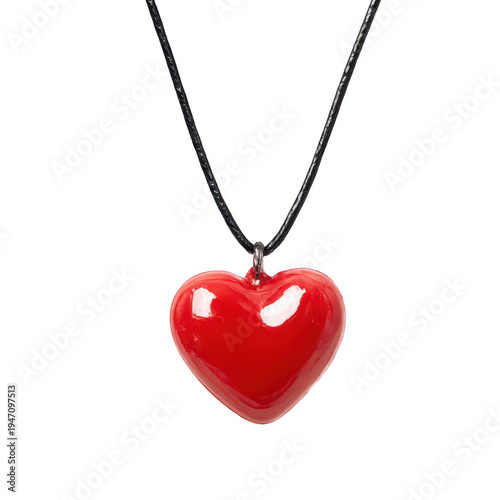 Shiny red heart shaped pendant on black cord isolated on a transparent background