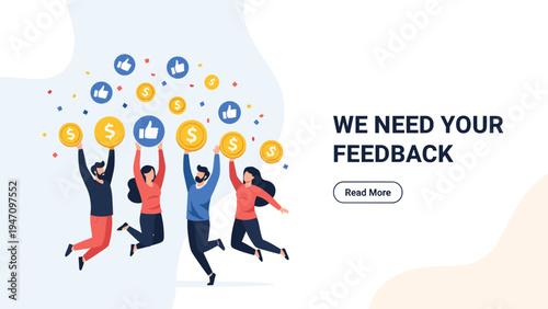 Group of cheerful people jumping with joy while holding golden coins and blue thumbs up icons for positive feedback and success.