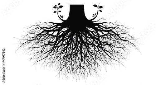 An intricate tree root system transforms into a majestic tree in a striking black silhouette high quality professional