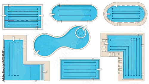 Technical diagrams showing the top view of various swimming pool designs and lane configurations for sports and leisure.