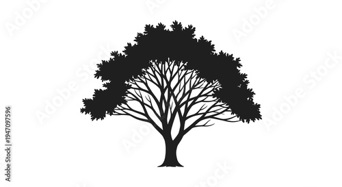 A detailed black silhouette of a large leafy tree with intricate branches against a plain white background silhouette