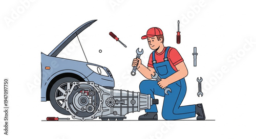 Mechanic working on car engine.