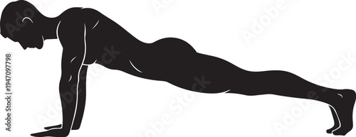 Man Performing Push Up Exercise Silhouette Vector, Bodyweight Strength Training Fitness Workout Illustration