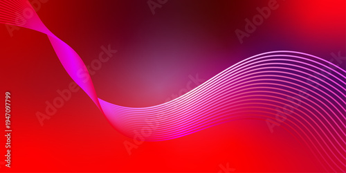 Abstract wavy lines on dark red gradient background. Dynamic flowing glowing lines background. Vector illustration.