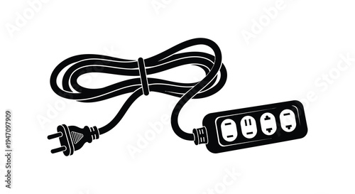 A black and white illustration depicts a power strip with a cord and plug presented as a silhouette
