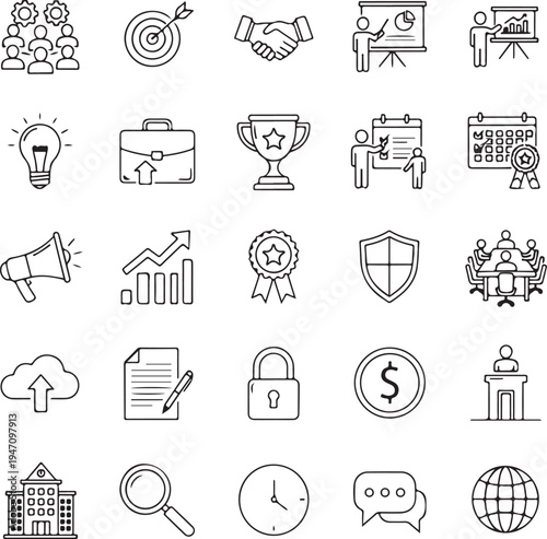 Set of 25 business icons vector, line style, black and white