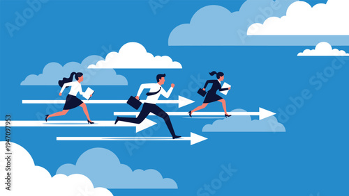 Group of business professionals running forward on white arrows through the clouds representing career growth and competition in a blue sky.