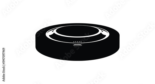 A minimalist black silhouette of a robotic vacuum cleaner resting on a white surface showcasing modern design silhouette