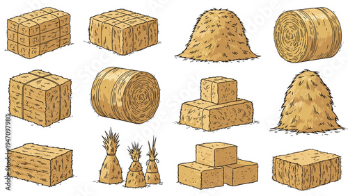 Assorted types of hay bales and stacks in different shapes like round and square for farm and agricultural use.