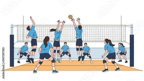 Men and women teams playing an intense game of volleyball over a net on an indoor court during a sporting competition.