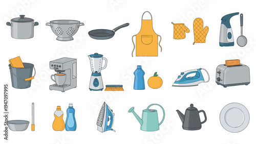Comprehensive set of household kitchen appliances and cleaning tools like a blender iron kettle toaster and bucket.