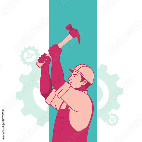 A worker in overalls and a cap holds an axe.